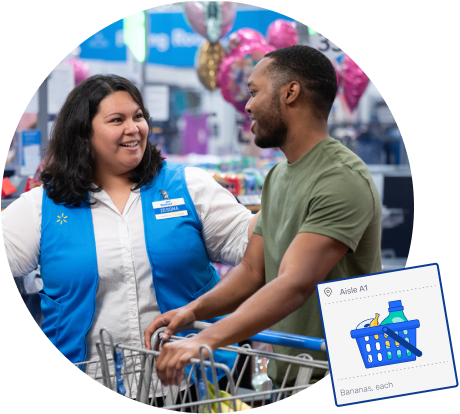 photo of a female Walmart associate speaking with a male customer in a store